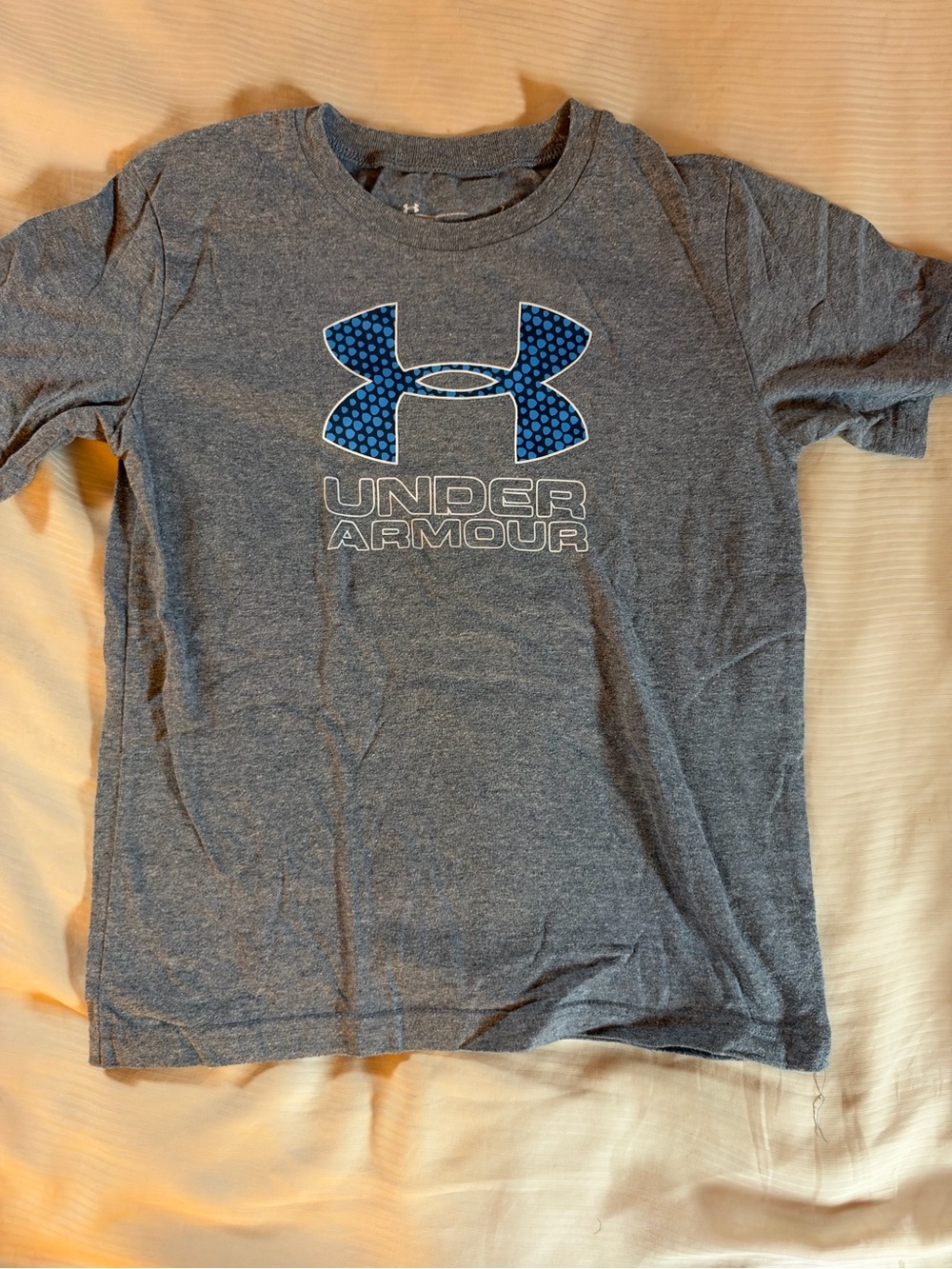 Under Armour Heather Gray Tee with Blue Patterned Logo